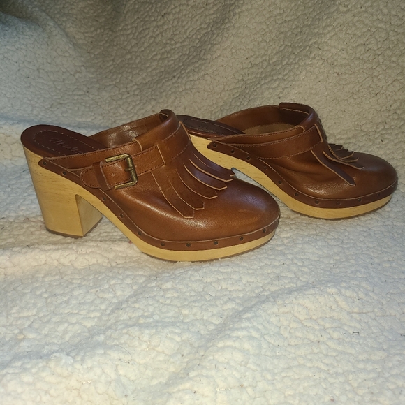 Madewell Kiltie Mules Brown Fringe Boho 70s style Leather Clog heels size 8 - Picture 1 of 9
